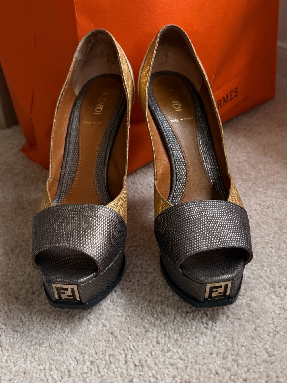Fendi Two-Tone Bronze and Gold Peep-Toe Heels